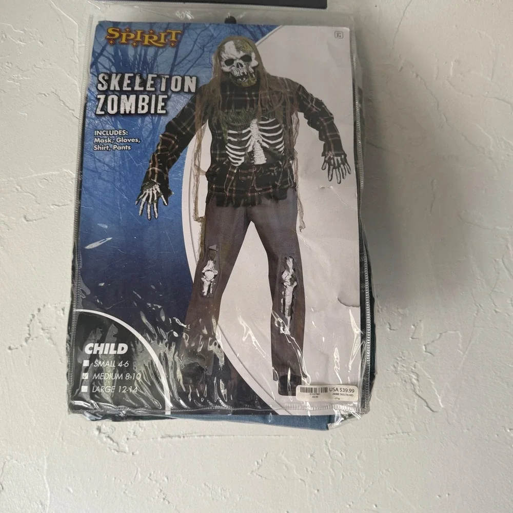 Spirit Halloween Skeleton Zombie Child Costume Medium 8-10 Halloween Mask Gloves